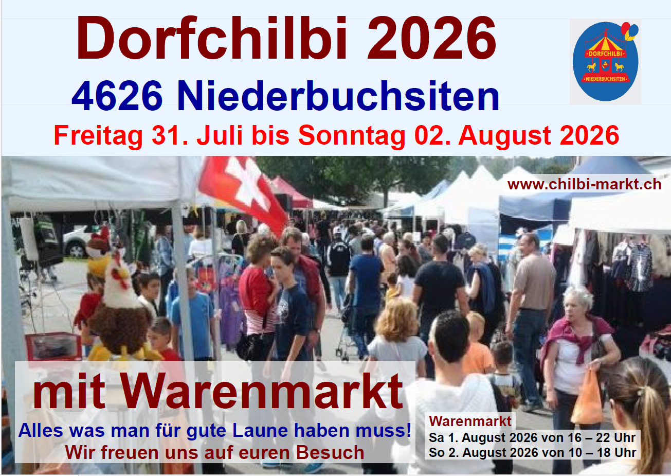 Durch absage wegen Unfall  ist für Samstag 1. August ein 3 Meter platz zu vergeben!  Elektronisch: Chilbi-Märkte http://www.chilbi-markt.ch/anmeldung_2026. Keine Spielwaren und Food Stände! Marktchef: Alfred